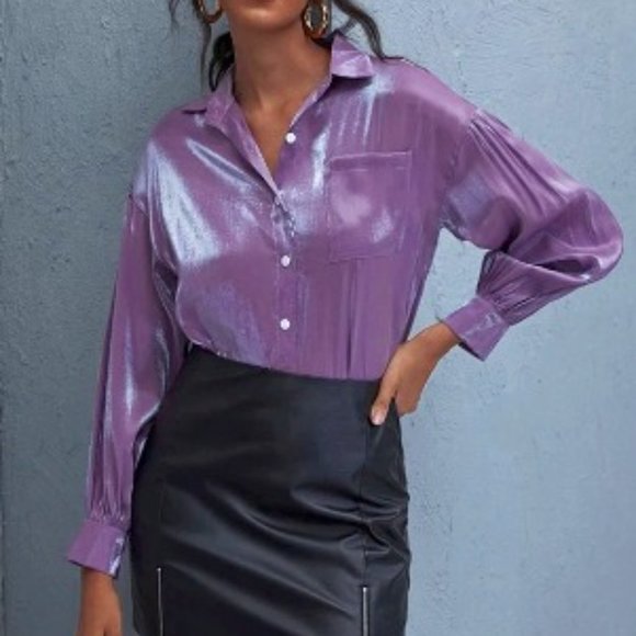 Tops - 90's Glossy Satin Iridescent Button Down Blouse Violet Shot Silk SZ 4 SMALL NEW!